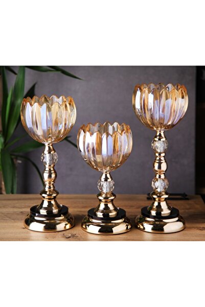 Tasarım Evi Ultra Lüks Kristal Taşlı Metal Ayaklı Gold Şamdan 3'lü Set Cam