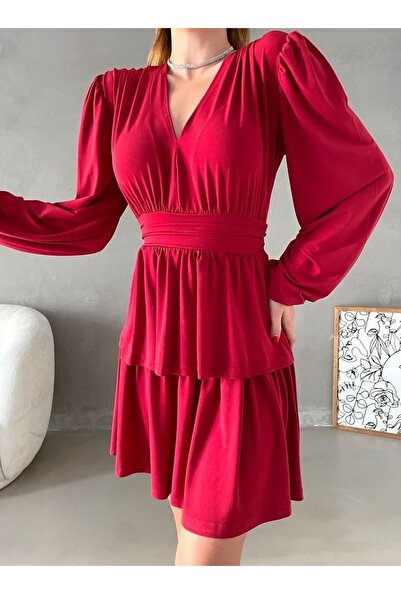 lovebox Kadın Esnek Sandy Kumaş Katlı Tasarım V Yaka Uzun Kollu Kırmızı Mini Abiye Elbise 582661