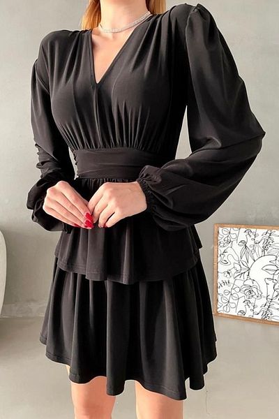 vuvutasarım Rochie mini cu mânecă lungă, cu decolteu în V, strat de material negru nisipos 582661