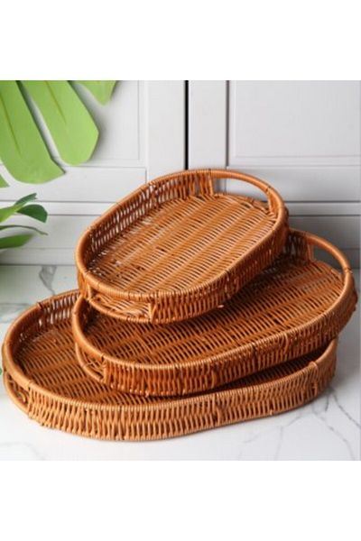 Tasarım Evi 3-Piece Wicker Knitted Handcrafted Oval Wicker Tray