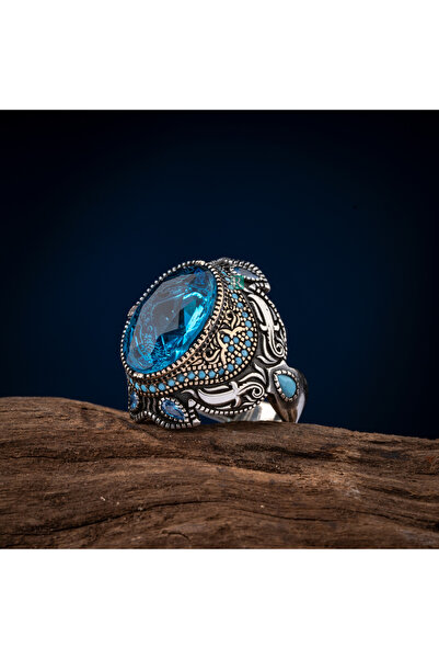 RevSilver 925 Ayar Gümüş Oval Akuamarin Taşı Yanlardan Kılıç Figürlü Erkek Yü...