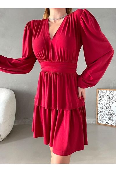 vuvutasarım Rochie mini cu mânecă lungă, cu decolteu în V, cu strat de material roșu nisipos 582661