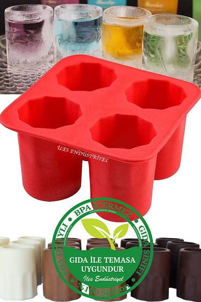 Gurme Chef Shot Glass 4-Piece Xxl Large Size Ice Mold, Silicone, Red