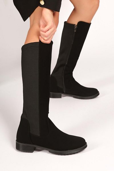 Shoeberry Damen Ellen Black Nubuck Elastic Boots Schwarzes Nubuk