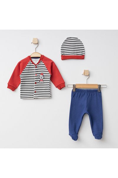 Aziz Bebe Cute Dog Patterned 3-Piece Baby Set with Bottom, Top, Hat and Feet, Size 0-3-6 Months