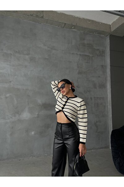 LB Laluna Butik Kadın Yüksek Bel Arka Cepli Salaş Deri Pantolon