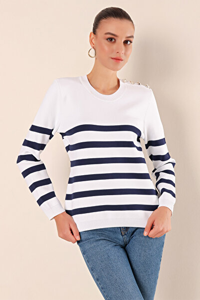 Bigdart 15820 Button Detailed Striped Sweater - C.Navy Blue