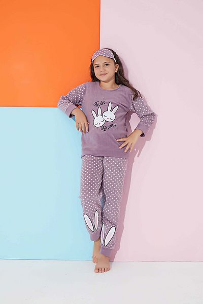 Tarık Girl Lilac Teenager And Child Rabbit Patterned Long Sleeve Fleece Plush Pajama Set