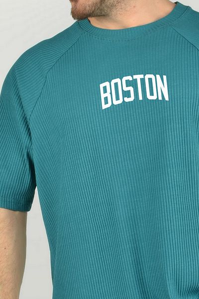 BESSA Ανδρικό μπλουζάκι με στάμπα Boston με λαιμόκοψη με πράσινο ύφασμα μέντας