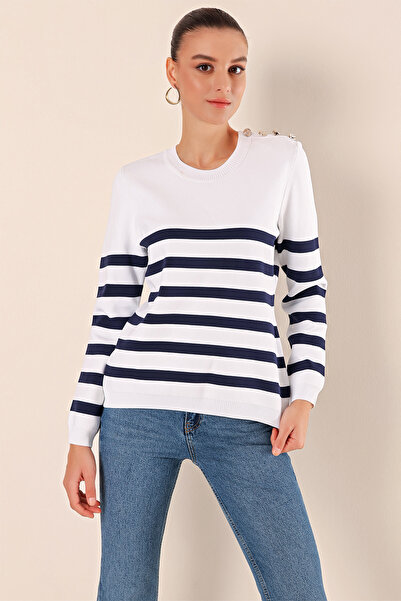 Bigdart 15820 Button Detailed Striped Sweater - C.Navy Blue