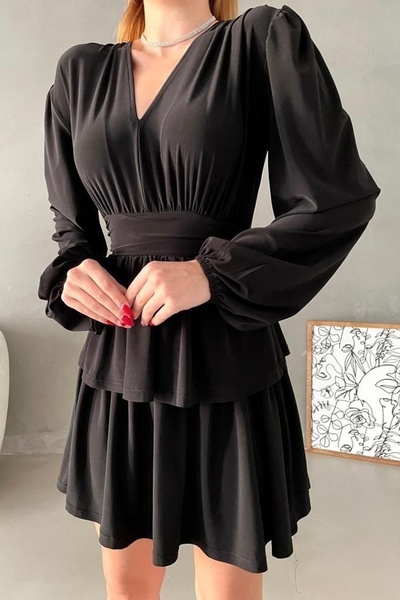 vuvutasarım Yeni Sezon Kadın Esnek Sandy Kumaş Katlı Tasarım V Yaka Uzun Kollu Mini Abiye Elbise 582661