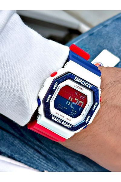 Cockpit Digital Men's Wristwatch with Silicone Strap 5 ATM Waterproof Alarm and Illuminated Stopwatch