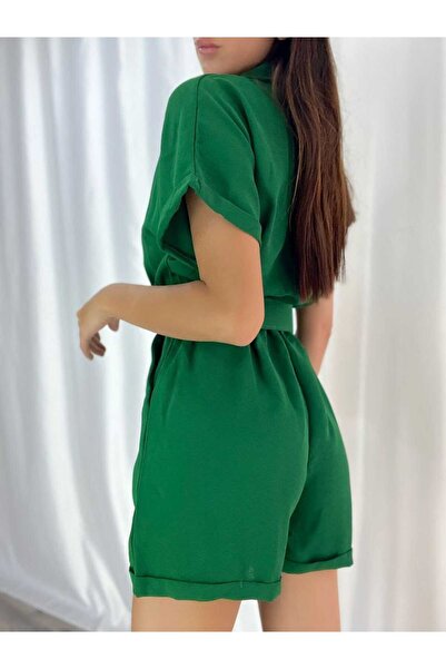 Esinty Kadın Yeşil Dokuma Krep Kumaş Kemerli Şort Tulum
