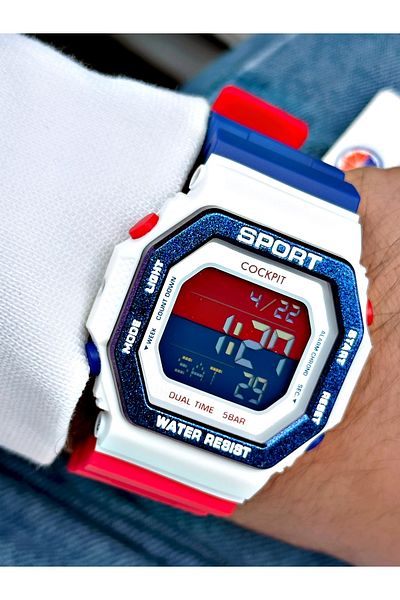 Cockpit Digital Men's Wristwatch with Silicone Strap 5 ATM Waterproof Alarm and Illuminated Stopwatch