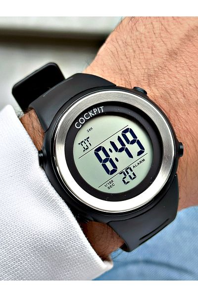 Cockpit Digital Men's Wristwatch with Silicone Strap 5 ATM Waterproof Alarm and Illuminated Stopwatch