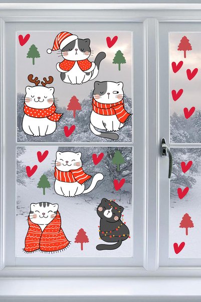 Echo Home Christmas Cute Cats New Year Cats Glass Door Wall Sticker Set, Christmas Ornament