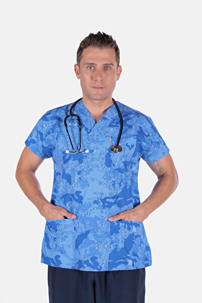 Colour Suit Mavi Yazı Desenli , Terikoton Likrasız Cerrahi Tek Üst ( Scrubs )...