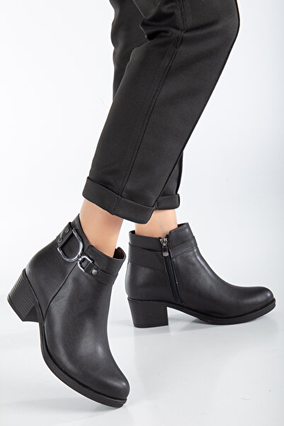 Rabensa Women's Black Skin New Sezın Classic Heeled Ready-Sole Boots