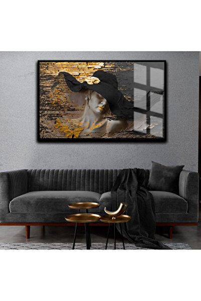 Harikabirev HARİKABİREV | COMBINAT DE FEMEI GALBEN-NEGRU CU PĂLĂRIE | TABLO DE STICLA CU CADRU ORIZONTAL