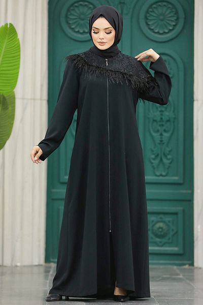 Neva Style - Hijab negru cu pene Ferace 10103s
