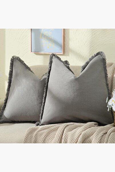 Bc Home 2'li Püsküllü Gri Lux Kare Dekoratif Kırlent Kılıfı 43 x 43 cm Iskand...