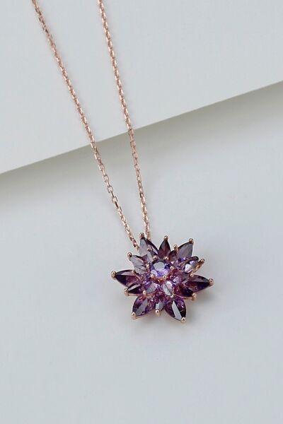 Şimal Silver 925 Ayar Gümüş Buzlu Mor Lotus Çiçeği Kolye