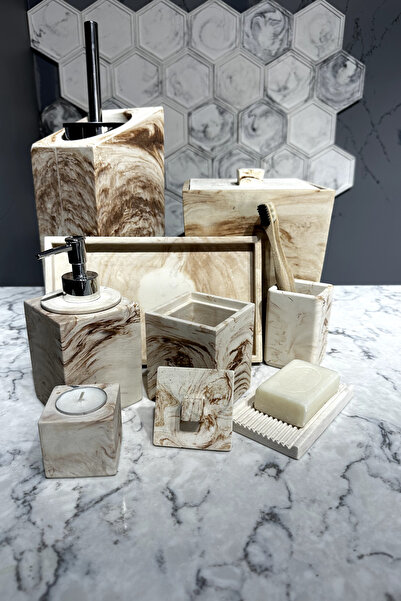 betonmall Set de baie din beton cu model de marmură, 11 bucăți, dozator de săpun lichid solid, suport pentru lumânări, suport pentru bumbac, tavă pentru gunoi