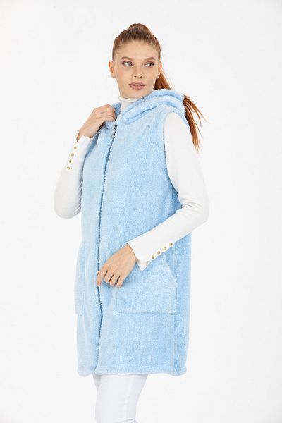 MODA VUSLAT Дамски дълъг поларен елек в бебешко синьо