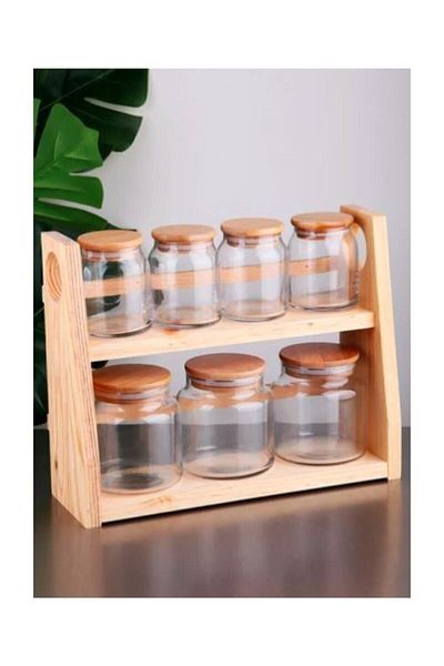 GÖNÜL 7-Piece Stylish Spice Set with Wooden Stand and Bamboo Lid