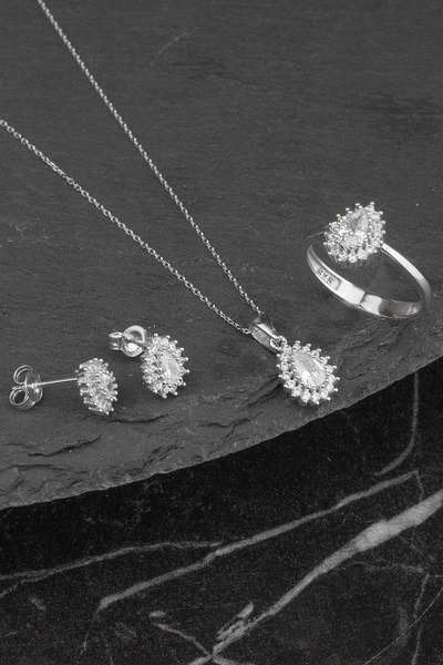 byess 925 Ayar Gümüş Zirkon Taşlı Damla Set