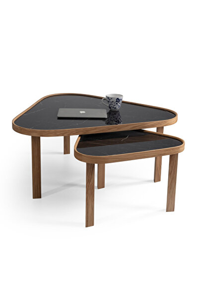 Eymense Leon Siyah Mermerli Meşe Yan Sehpalı İkili Orta Sehpa