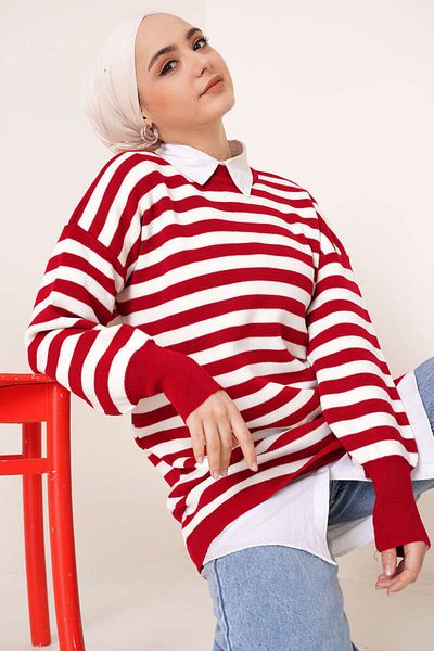 benguen 11007-75 Striped Knitwear Tunic Red