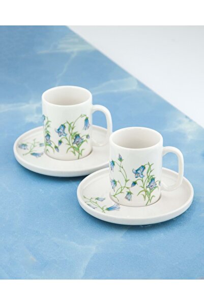 Bursa Porselen Dekor Mavi lale iki kişilik kahve fincan takımı
