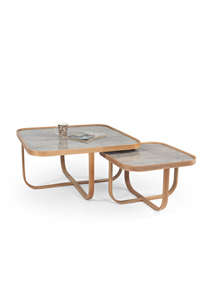 Eymense Hisar Gri Mermerli Meşe Yan Sehpalı İkili Orta Sehpa