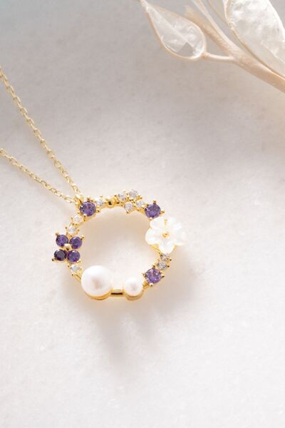 Şimal Silver 925 Ayar Gümüş Gold Sedefli Güllü Incili Kolye