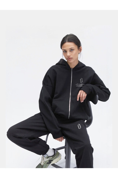 aynewmoda Γυναικεία φούτερ με φερμουάρ με κάθετη στάμπα σετ στο κάτω μέρος