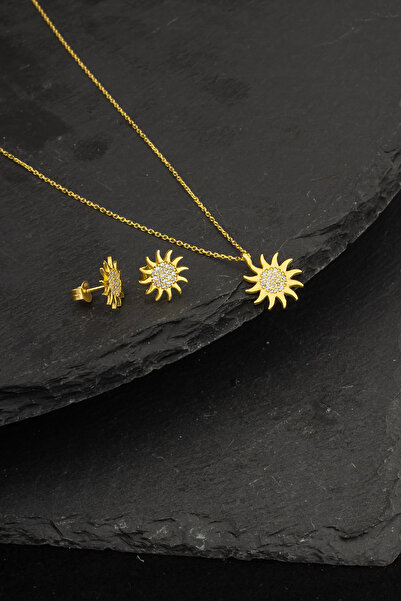 byess 925 Ayar Gümüş Güneş Motifli Kolye Küpe Set