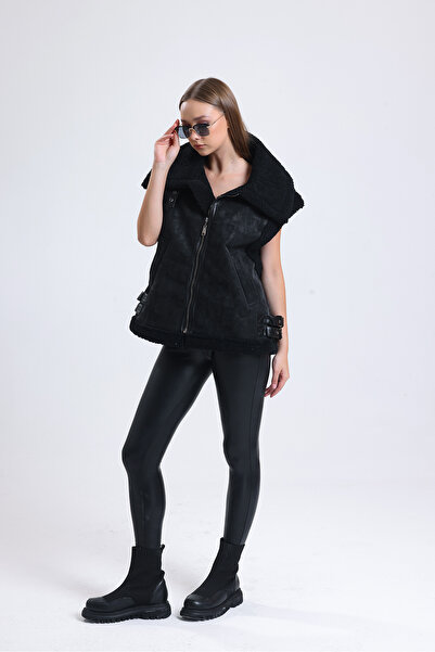HANIQA Чорна жіноча жилетка з хутром - шкіряні деталі, модель 2077