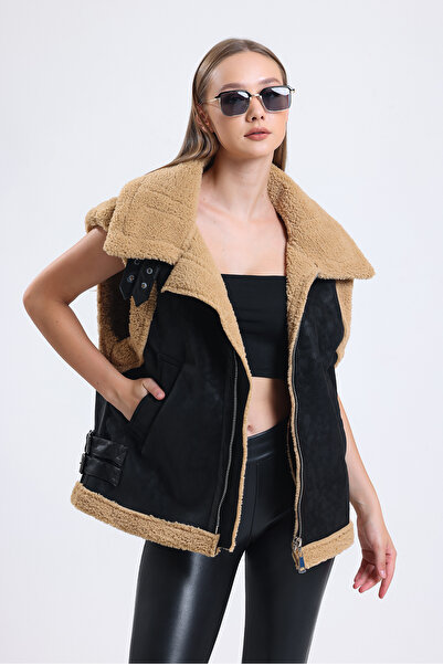 HANIQA Kadın Kahverengi Kürklü Deri Detaylı Yelek 2077