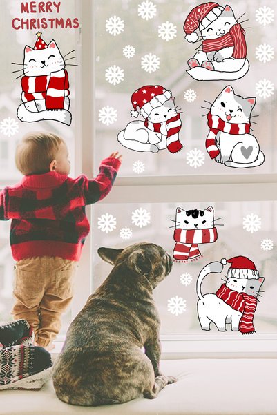 Echo Home Cute Christmas Cats and Snowflakes New Year Window Wall Sticker Set
