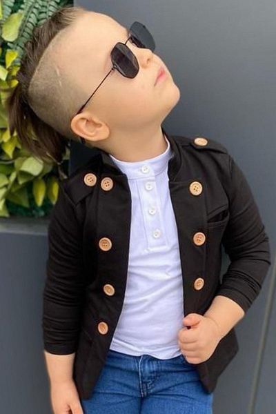 Riccotarz Boy's Blazer Jacket with Button Detail on the Shoulder and Jacket Collar, Black Top and Bottom Suit