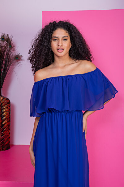 Azra Style Rochie lungă din șifon cu volane pentru femei Saks Blue Fusta 4009