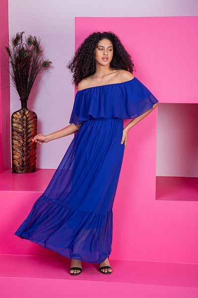 Azra Style Rochie lungă din șifon cu volane, fustă albastră Saks cu guler Carmen