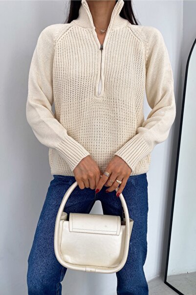 FEMELLE Women's Beige Standard Size Zippered Knitwear Sweater