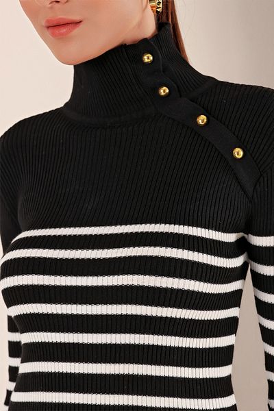 Bigdart 15818 Buttoned Striped Sweater - Black