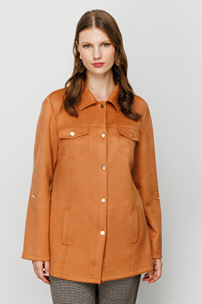 Ekol Camel Colored Women's Chamois Trench Coat 7705 - Buttoned