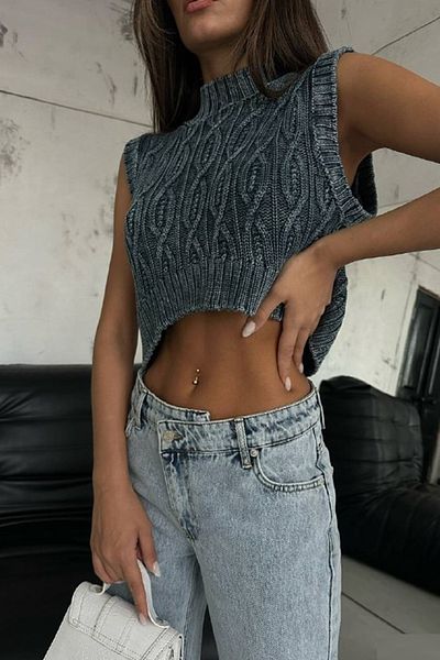 lovebox Women's Blue Washed Knitwear Sweater 23W20001