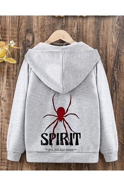 MORNİNG KİDS Children's Hooded Boys-Girls Spirit Spider Printed GRAY Zipper Cardigan