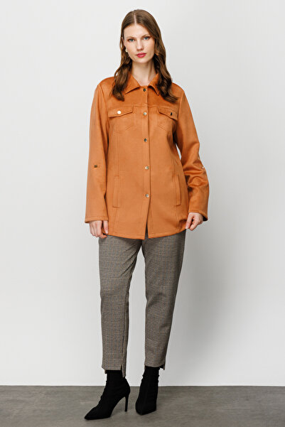 Ekol Camel Colored Women's Chamois Trench Coat 7705 - Buttoned