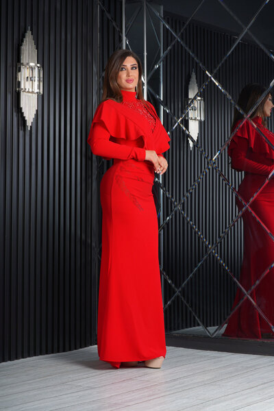 Matik Abiyem Hijab Scuba Crepe Design Pearl Stone Patterned Hijab Evening Dress with Cloak Shoulders